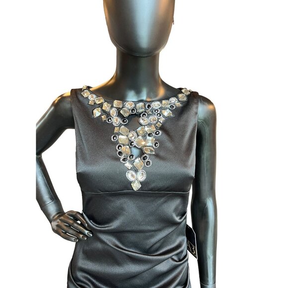 Black Satin Bejeweled Mid-Length Dress - Picture 2 of 6